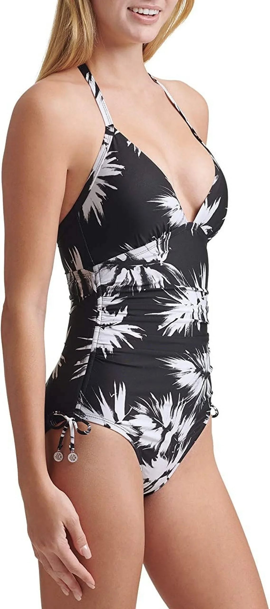 DKNY Jet WHITE Leaf Print Halterneck One-Piece Swimsuit, US 4