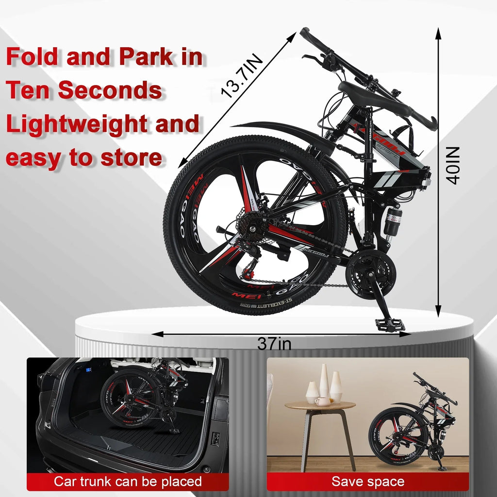 JSTUOKE 26 Inch Adult Mountain Bikes, 24 Speeds Drivetrain Cycling Foldable Bicycles with Double Disc Brakes, High Carbon Steel Frame, MTB for Men Women