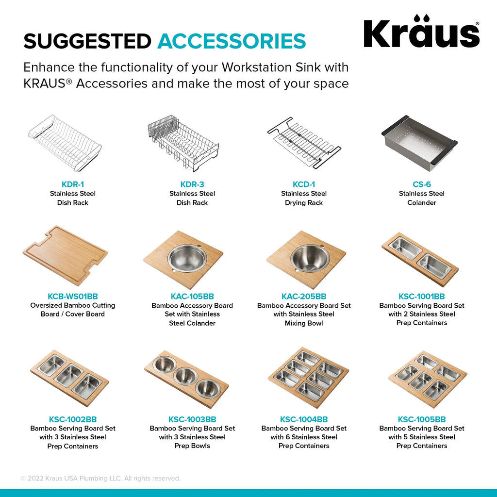 Kraus Kore 33 in. Drop-In / Undermount Workstation16 Gauge Stainless Steel Single Bowl Kitchen Sink with Accessories