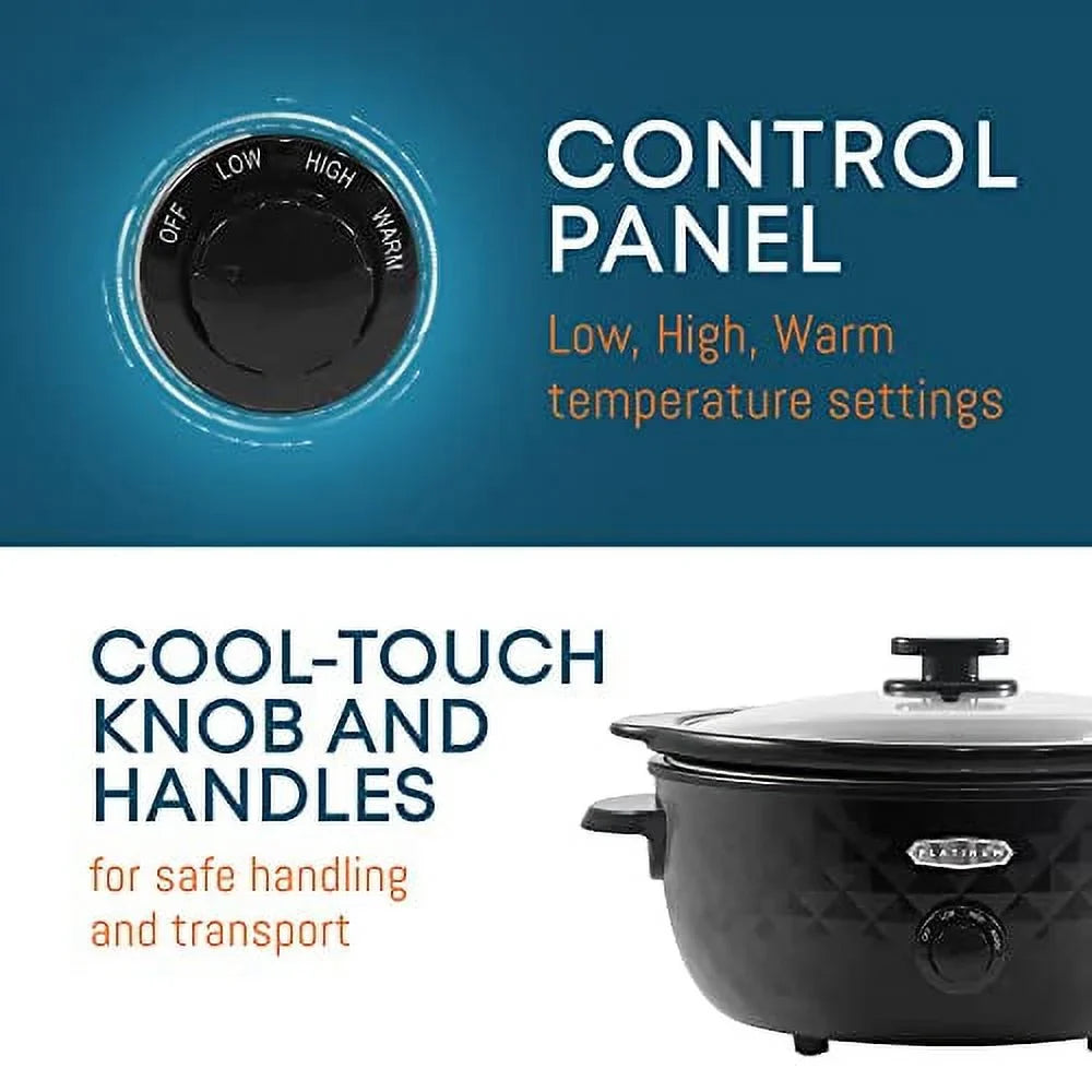 Elite Gourmet MST1234BX# Diamond Pattern Slow Cooker Removable, Dishwasher-Safe Stoneware Pot with Tempered Glass Lid, Cool-Touch Handles, 6 Quart, Charcoal Ebony