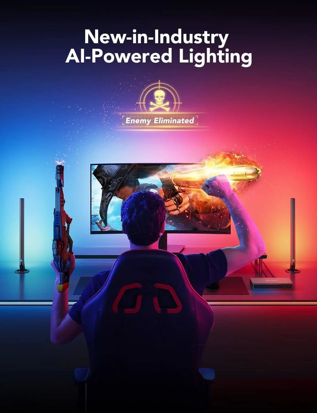 Govee AI Gaming Sync Box Kit, with Light Bars And Monitor Back Light, HDMI2.0 4K Gaming Box, RGBIC LED Light Strip for 27-34 inch Monitors, Works with Alexa, Assistant, and CEC, 3 HDMI In 1 Out