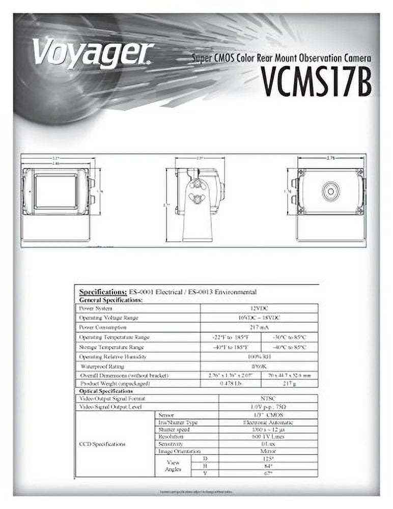 Voyager VCMS17B Super CMOS Color Rear Mount Observation Camera with LED Low-Light Assist, Built-In Microphone, Ebony