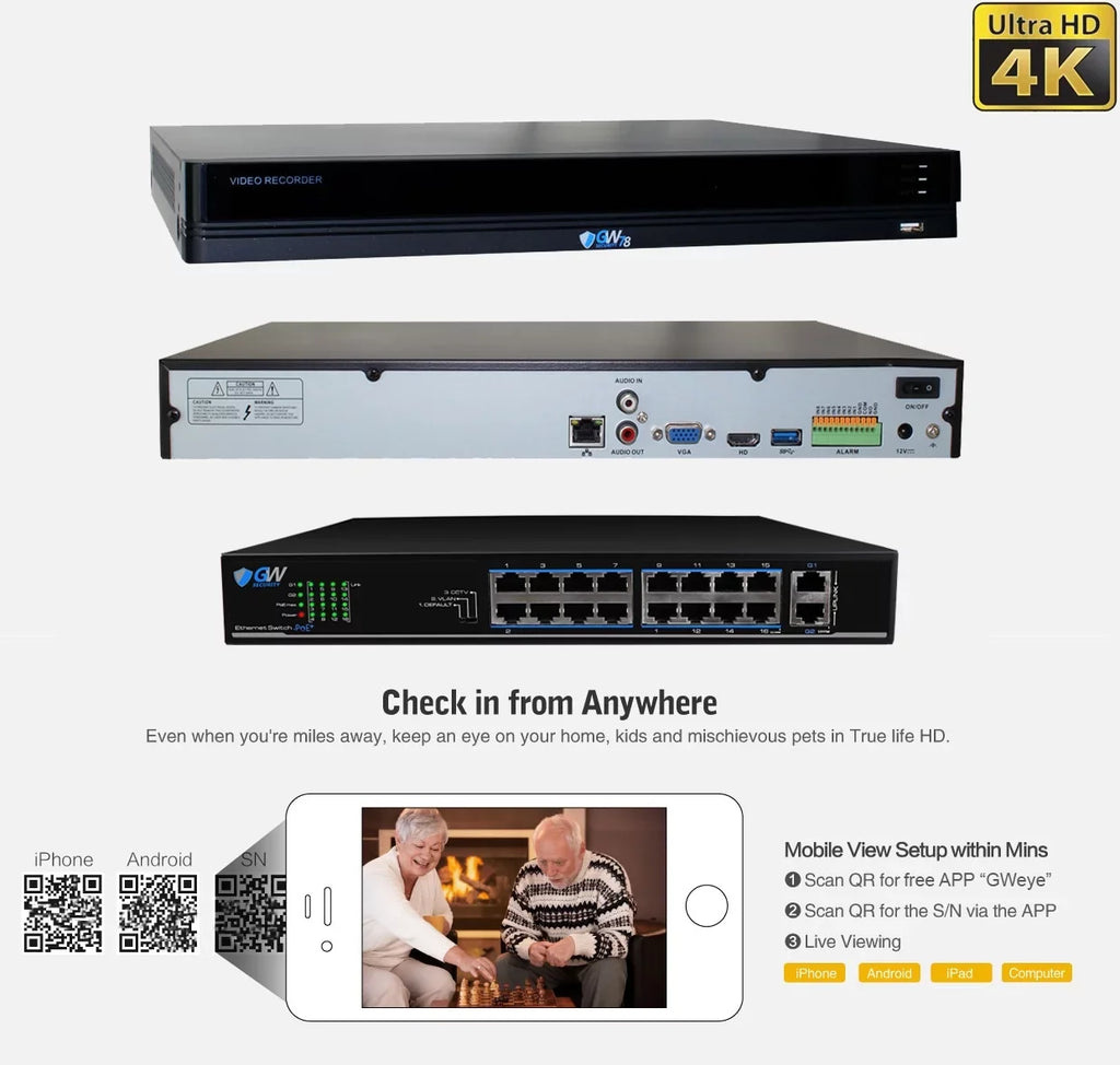 GW 16 Channel 4K NVR 8MP (3840x2160) H.265+ Starvis Starlight Smart AI Security Camera System - 8 x UltraHD 4K Human Detection PoE IP Dome Camera - 8MP (Two Times The Resolution of 4MP HD)