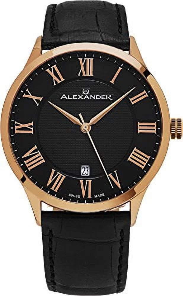 Alexander Statesman Triumph Rose Gold Swiss Made Jet Leather Watch A103-05