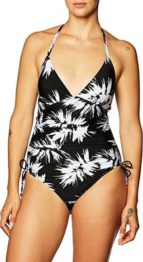 DKNY Jet WHITE Leaf Print Halterneck One-Piece Swimsuit, US 4