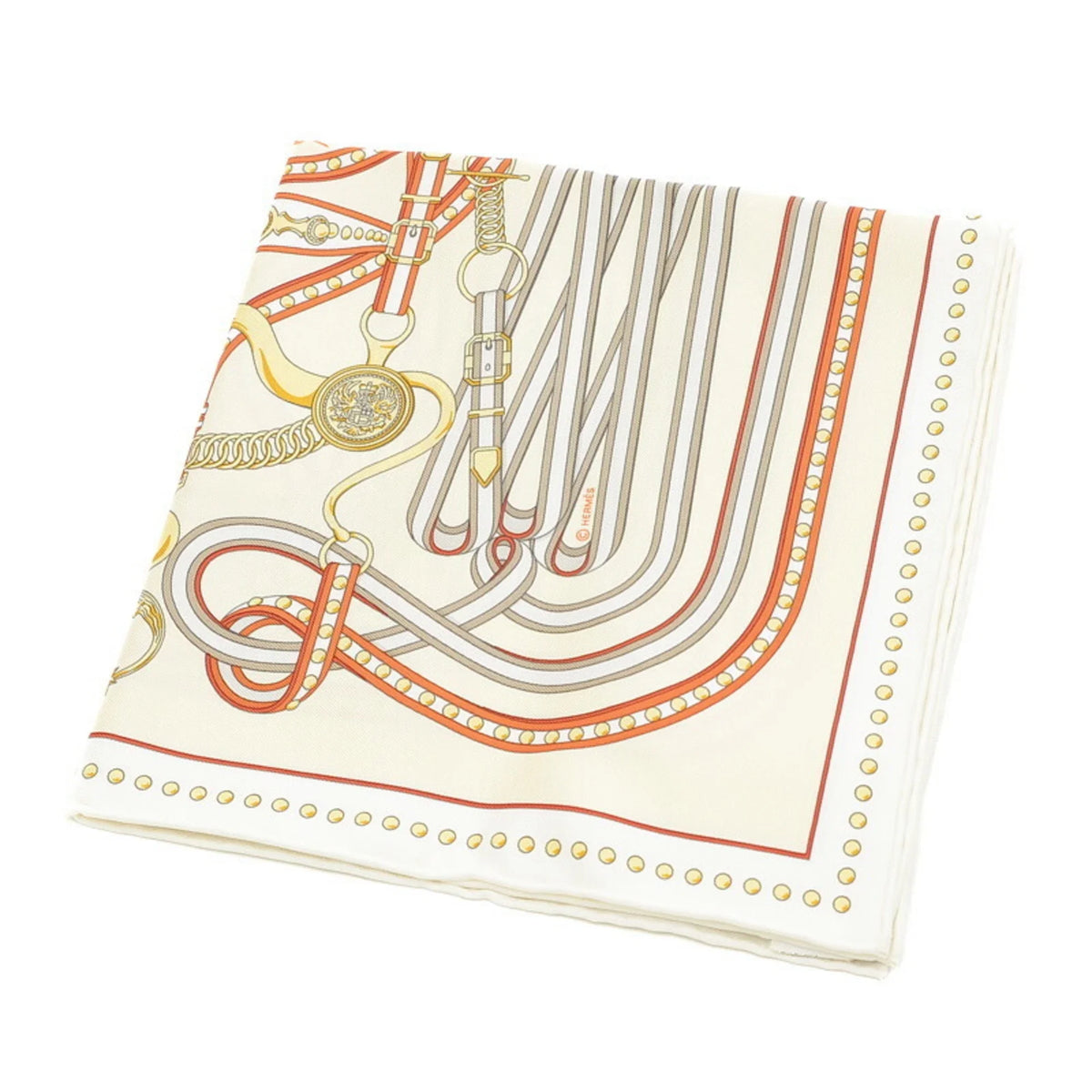Pre-Owned Hermes Carre 45 Gavroche Scarf Grand Tralala White Cream Orange (Like New)