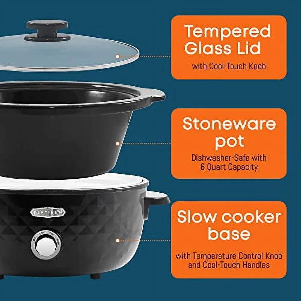 Elite Gourmet MST1234BX# Diamond Pattern Slow Cooker Removable, Dishwasher-Safe Stoneware Pot with Tempered Glass Lid, Cool-Touch Handles, 6 Quart, Charcoal Ebony